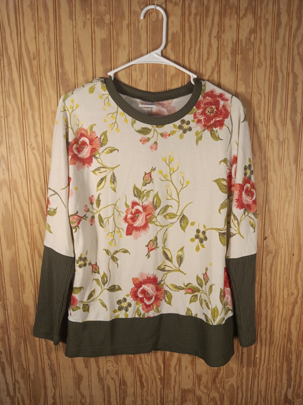 LuLaRoe Cream Floral Long Sleeve Top with Green Trim
